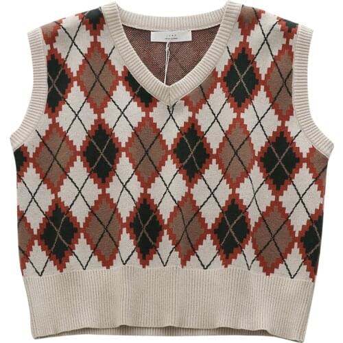 Women Knitted Vest Preppy Style Knit Argyle Sweater Vest Sleeveless Plaid Waistcoat Autumn Short Outwear Loose Casual V Neck Top