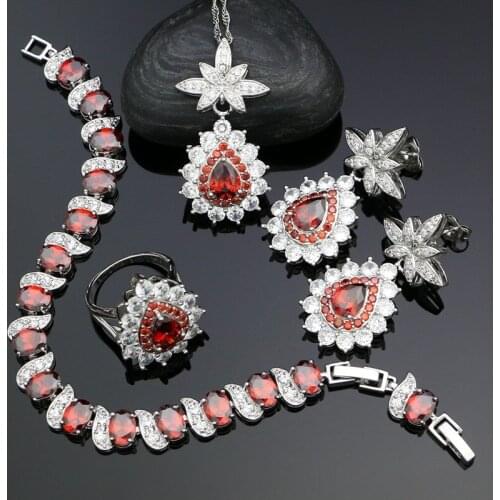 Pineapple 925 Silver Bridal Jewelry Sets For Women Red CZ White Crystal Earrings/Pendant/Necklace/Ring/Bracelet Jewelry
