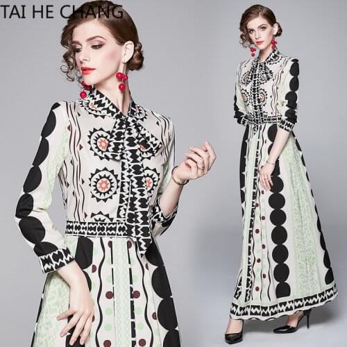 Women Dress New Fashion Retro Spring Summer Elegant Slim Bodycon Vintage Party Runway Print Shirt Office Work Maxi Dresses