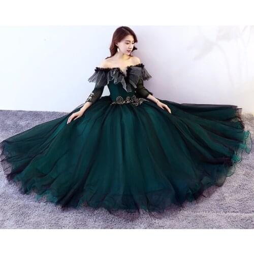 New dark green full sleeve lady girl women princess prom evening banquet party ball performance singing dress gown free shipping