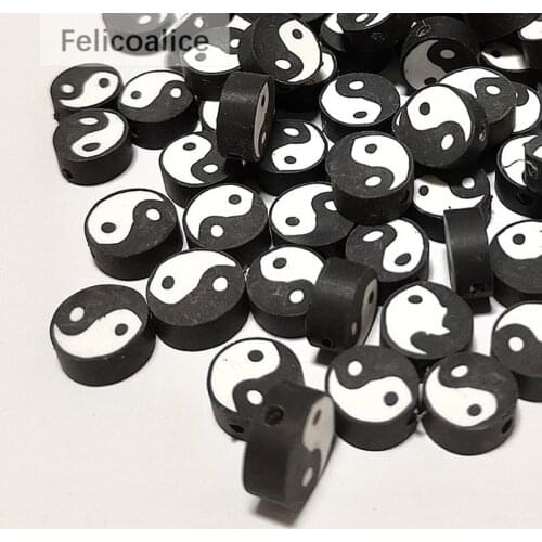 100pcs 10mm Black Tai Chi Round Shape Polymer Clay Spacer Beads For Jewelry Making DIY Handmade Accessories