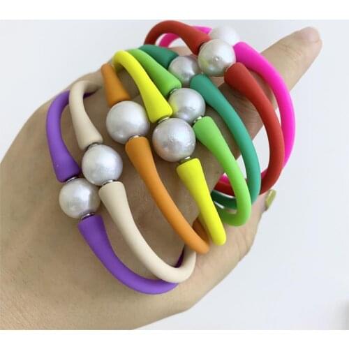 18cm Length 9-11mm Edison Natural Freshwater Pearl Silicone Bangle Colorful Rubber Bracelet