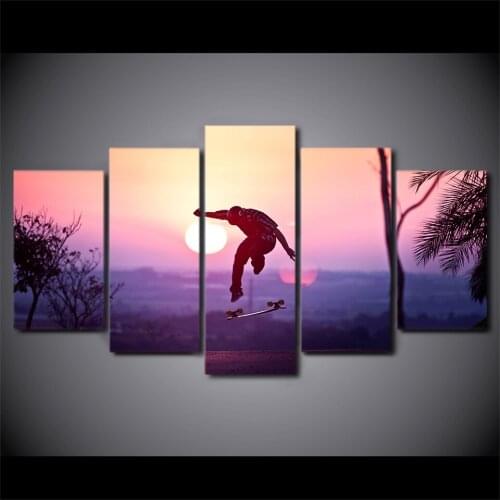 5 pieces HD panel skateboard cool action sunset modern wall artist residence decoration canvas painting poster living room