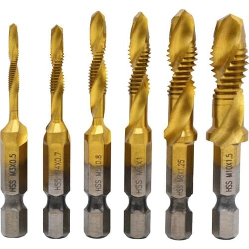 6pcs M3-M10 Hex Shank Titanium Plated HSS Screw Thread Metric Tap Drill Bit