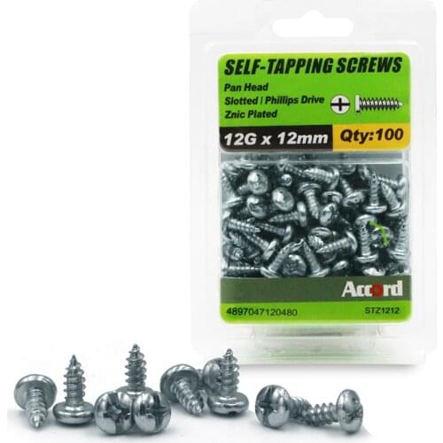ACCORD 100PCS Self-Tapping Screws 12Gx12mm Zinc Plated with Storage Box Galvanized Steel Fasteners