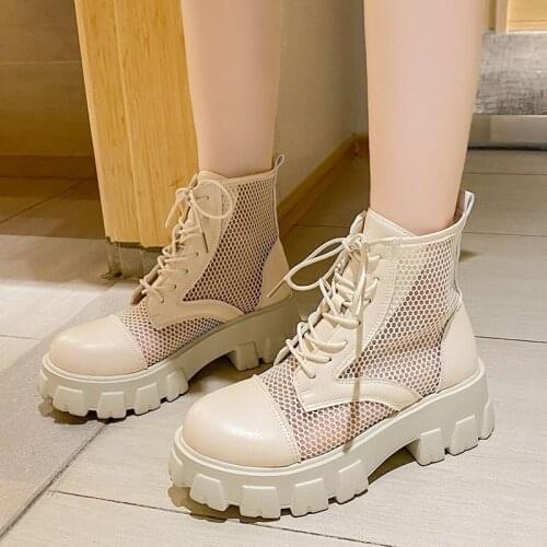 Hollow Out Mesh Summer Ankle Boots for Women Breathable Zipper Lace Up Casual Shoes Woman Low Heels Short Booties White