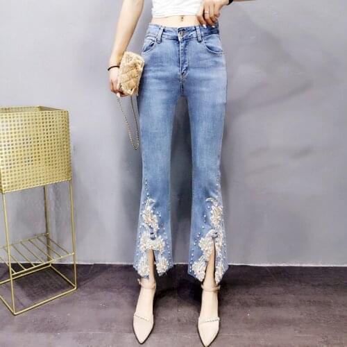High Waist Split Jeans 2021 Summer New Korean Sweet Beaded Flower Embroidery Slim Flare Pants Women Denim Ankle-Length Trousers
