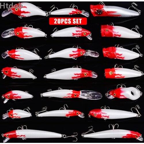 Htdob 20pcs Mixed Models Fishing Lures Set Minnow Fishing Hard Baits Bass Crankbait Sharp Hooks Tackle