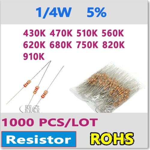 JASNPROSMA 1000PCS/LOT 5% 1/4W 430K 470K 510K 560K 620K 680K 750K 820K 910K carbon film DIP OHM high quality Resistor