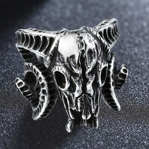 Stainless Steel Heavy Metal Satan Baphomet Goat Skull Ring Men Motor Biker Rings Male Opening Punk Goth Jewelry