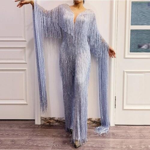 Silver Gray Fringe Rhinestones Jumpsuit Party Celebrate Tassel Bodysuit Stage Dance Leggings Women Singer Dancer Outfit DWY2915
