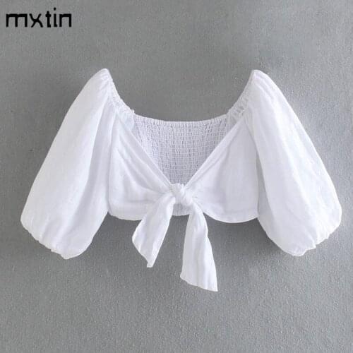 MXTIN 2021 Women Summer Fashion White Bow Tie Cropped Blouses Vintage Puff Sleeve Back Elasticity Female Shirts Blusa Chic Tops