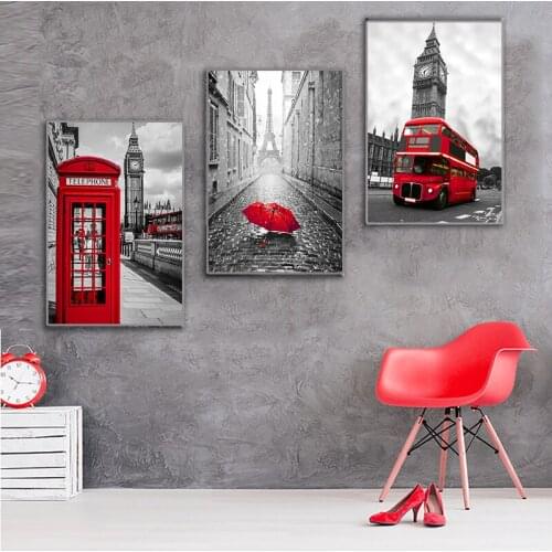Red Bus Umbrella Telephone Booth Canvas Painting Modern Paris Street Poster and Print Wall Art Picture Living Room Home Decor