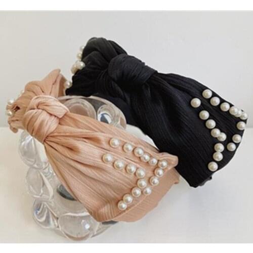Wide Pearls Bow Hairband Headband for Women Hair Accessories Pleated Fabric Head band Solid Adults Headdress Ladies Hair Hoop