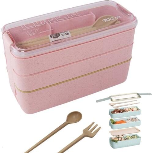 Health Material 3 Layers Lunch Box Microwavable Japanese Bento Food Container Eco-Friendly Wheat Straw 900ml Lunchbox