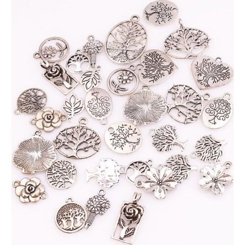 50pcs/Lot Metal Plant Tree Charms Making Metal Flowers Pendant Finding Handmade Necklaces Keychain Jewelry Accessories