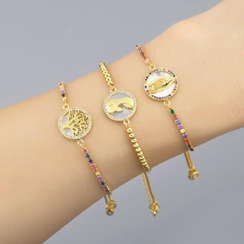 Pave Tiny Cz Shell Virgin Mary Tree Fo Life Bracelet For Woman Charm Gold Rainbow Dainty Link Adjustable Bracelets For 2021 Gift