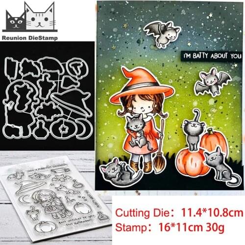 Reunion Halloween Little Witch Cutting Dies and Stamps Stencil for DIY Scrapbooking Photo Album Embossing Decorative Craft Die