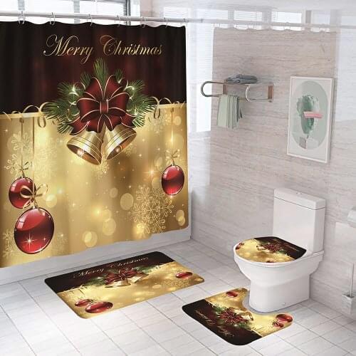 Merry Christmas Shower Curtains Bathroom Curtain Golden Bell Toilet Seat Cover Bath Mat Set Non-Slip Rug Festival Decoration