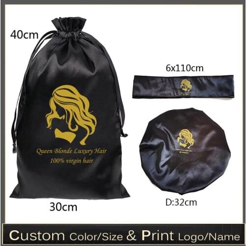 Custom Logo Silk Satin Virgin Hair Extensions Packaging Bag/Bonnet/Wrap/Headband/Cap 18x30/30x40cm Drawstring Gift Bag