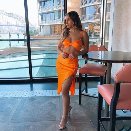 Imcute 2 Pieces Women Suits 2021 Sexy Tube Top Cropped Strap V-neck Lace-up Tank High Waist Side Split Skirts Party Clubwear