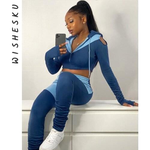Women Two Piece Set Tracksuits Sexy Long Sleeve Hoodies Jacket Crop Tops+Drawstring Stacked Pants Joggers Outfits 2021 Autumn