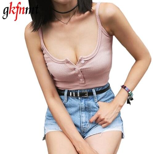 Gkfnmt Women Camis Halter Top Women Camisole 2019 Summer Sexy Sleeveless Slim Low Chest Button Crop Top Roupas Femininas