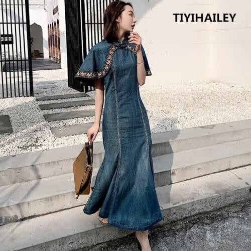 TIYIHAILEY Free Shipping Fashion S-XL Cloak Sleeve Women Denim Jeans Long Mid-calf Embroidery Dresses Mermaid Style Dresses