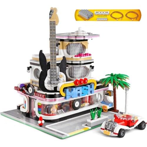 2168 PCS Street View House Toys Model Assembly Bricks Building Blocks City Guitar Shop With Led Lights Kids Gifts