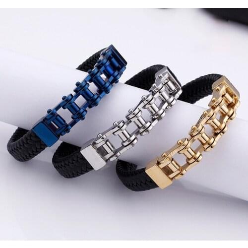 Jewels Punk 21cm Stainless Steel Link Chain Charm Bracelets For Men Vintage Woven Leather 13mm Width Wrap Wristband Male Jewelry