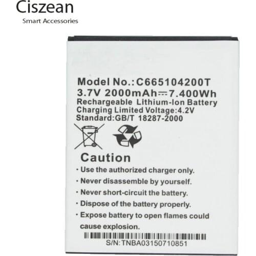 Ciszean 1x 3.7V 2000mAh Replacement Li-ion Battery C665104200T For BLU Studio 5.0 S D-570 D570 D570A D572A Y530Q batteries
