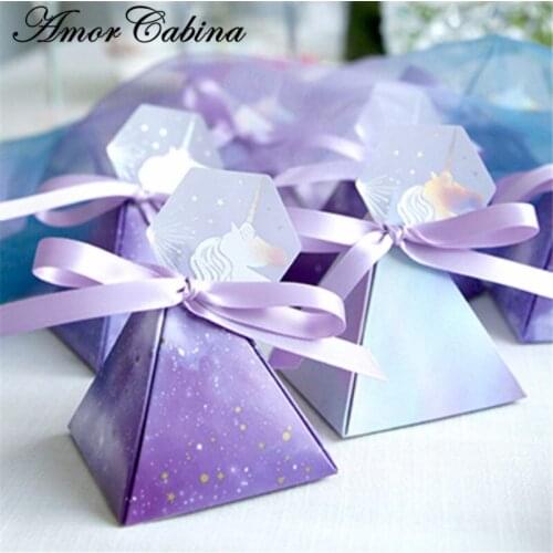 Baby shower Purple Triangular Pyramid Star Sky Wedding Favors Candy Boxes Bomboniera Party Gift Box Chocolate Box+ Ribbons+Tags