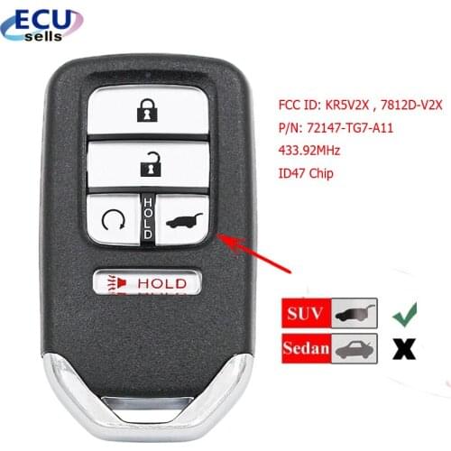 For Honda Piot CR-V Civic 2016 2017 2018 2019 2020 2021 433MHz ID47 Chip FCC: KR5V2X 4+1 5 Button Smart Remote SUV Key Fob