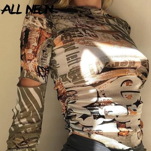 ALLNeon E-girl Vintage Printing Holloe Out Long Sleeve Crop Tops Harajuku O-neck Ruched Slim T-shirts Autumn Streetwear Y2K Tees