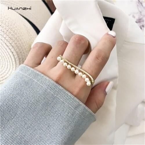 HUANZHI 2019 New Design Double Row Wave Curve Mosaic Zircon Pearl Opening Metal Ring for Women Student Girl Party Jewelry