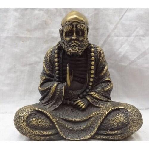 8" Chinese Bronze Buddhist Arhat Damo Bodhidharma Dharma Buddha Bead Statue