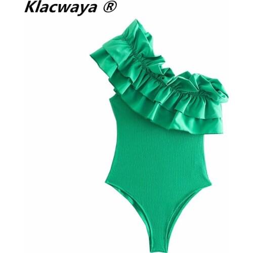 Klacwaya 2021 Women Fashion Green Ruffles BodySuit Vintage Asymmetric One shoulder Female Slim Elegant Sleeveless Bodysuits
