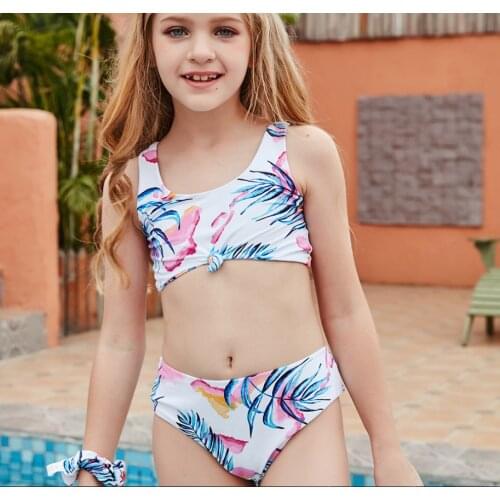 Summer Two Pieces Kid Girls Swimsuit Bikini Set Floral Plant Print Round Neck Sleeveless Swimwear Bathing Suit Beachwear