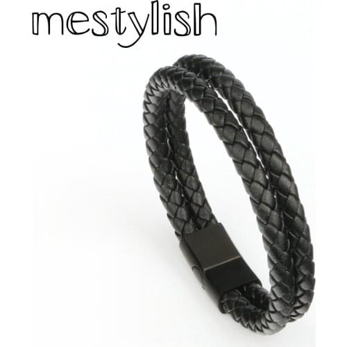 Mestylish New Fashion Double layer Nappa Genuine leather Stainless Steel Man Bracelets magnet buckle bracelet Best Friend Gift