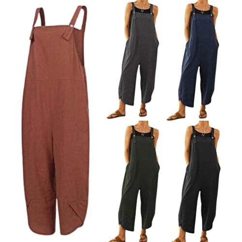 Fashion Jumpsuit Solid Dungaree Bib Overalls Sleeveless Jumpsuits Loose Women Shoulder Strap Pockets Romper for Daily Wear Pants
