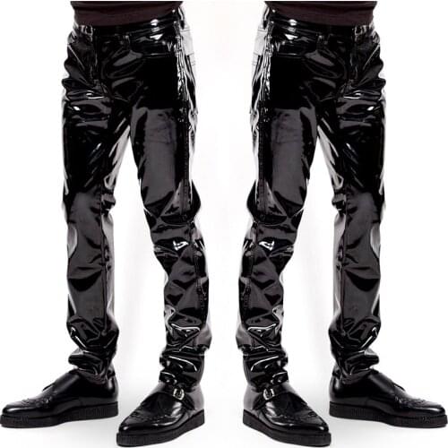 Mens Nightclub Party Slim Shiny Patent PVC Leather Tight Pants Black Straight Trousers B3