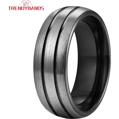 8MM Black Two Grooved Tungsten Carbide Rings For Men Women Wedding Band Domed Brushed Finish Comfort Fit