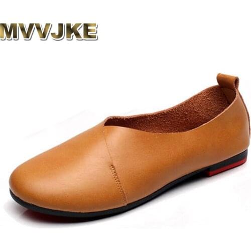 MVVJKE Genuine Leather Shoes Women Flats Round toe Flat Heel Casual Shoes Womens Flats