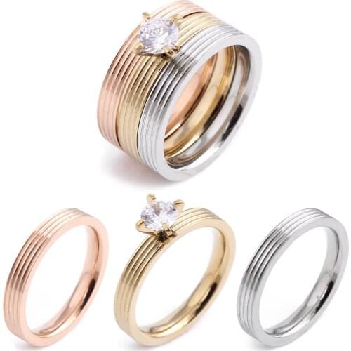 Gold-Color Zircon Crystal Titanium Stainless Steel Ring Set For Women Wedding Jewelry Three Layers Beauty Anillos