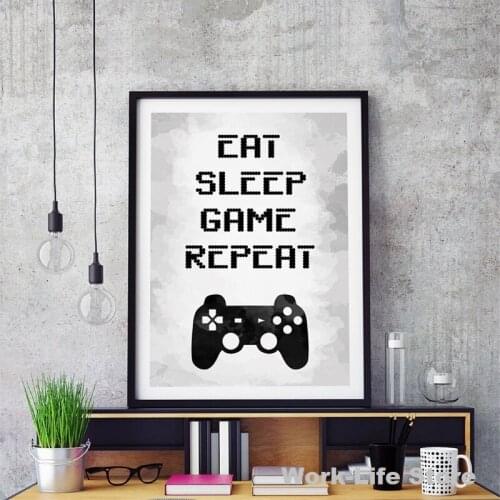 Gaming Wall Art Canvas Painting Picture Eat Sleep Game Repeat Video Game Party Poster Print Gaming Room Wall Art Decor