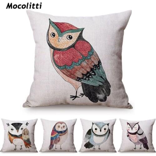 Nordic Watercolor Owl Pattern Linen Throw Pillows Living Room Cushion Cover Car Home Decorative Sofa Bed Decorative Pillowcase