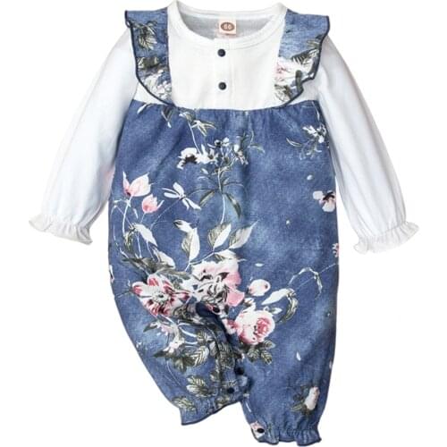 Newborn Baby Girl Clothes Autumn Winter Denim Fake 2pcs Floral Baby Girls Rompers Toddler Jumpsuit For Kids Girls Clothing 0-18