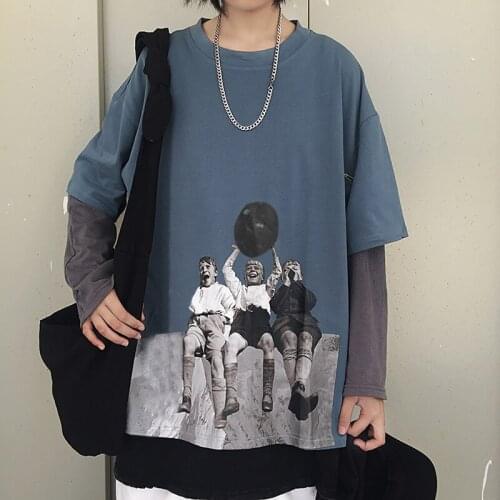 Autumn Korean version ins with Harajuku style retro tide brand printing loose fake two long-sleeved T-shirt shirt women