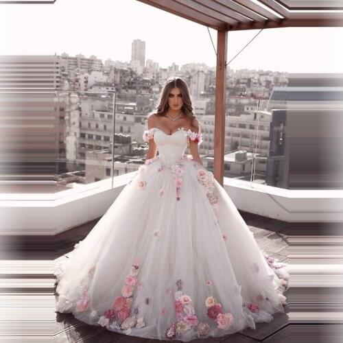 3D Handmade Colorful Flowers Bride Dresses Off The Shoulder Ball Gown Sweetheart Long Tulle Bridal Gowns Double Eleven Event