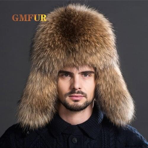 Russian Men Real Fur Hats Fox Bomber Hat Outdoor Casual Raccoon Sliver Fur Beanies Hombre Earmuffs Cap Winter Leifeng Hats